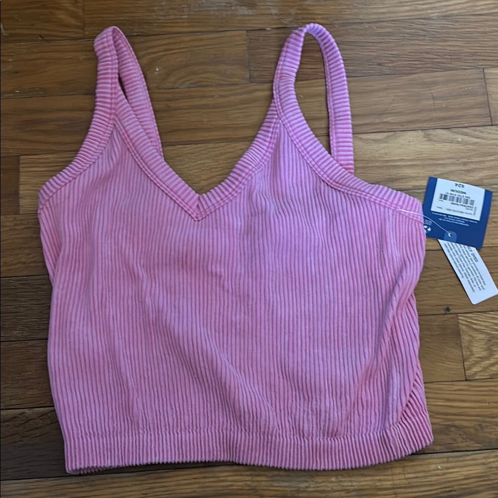 Pink Ribbed V-Neck Crop Top
